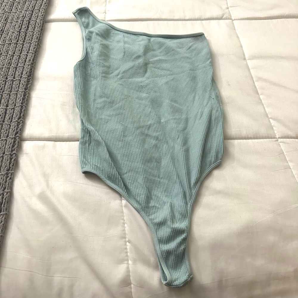 One shoulder blue bodysuit